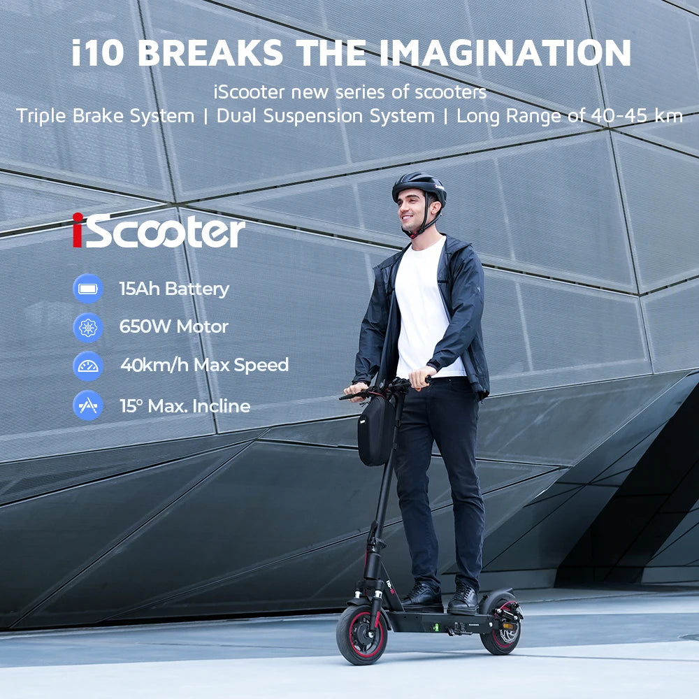 Trottinette Électrique iScooter I10 – 650W, 45 km/h, 45 km d'autonomie, Pliable, Tout-Terrain