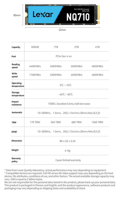 Lexar NQ710 SSD M.2 NVMe PCIe 4.0x4 1TB/500GB - Performance Ultime pour Gaming - B-konnect