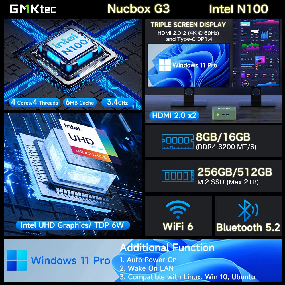 Mini PC G3 Intel N100 16 Go de RAM M.2 NVME